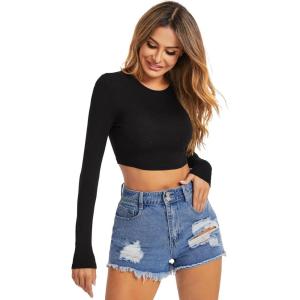 imageVerdusa Womens Basic Long Sleeve Crew Neck Fitted Crop Top Tee ShirtBlack