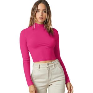imageVerdusa Womens Basic Mock Neck Long Sleeve Fitted Crop T Shirt TopHot Pink