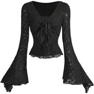 imageVerdusa Womens Bell Long Sleeve Floral Print Mesh Tie Front Lettuce Trim Tee Shirt TopBlack