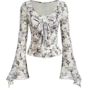 imageVerdusa Womens Bell Long Sleeve Floral Print Mesh Tie Front Lettuce Trim Tee Shirt TopBlack Beige