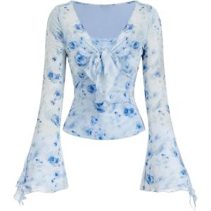 imageVerdusa Womens Bell Long Sleeve Floral Print Mesh Tie Front Lettuce Trim Tee Shirt TopBlue