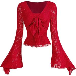 imageVerdusa Womens Bell Long Sleeve Floral Print Mesh Tie Front Lettuce Trim Tee Shirt TopBurgundy