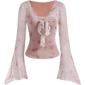 imageVerdusa Womens Bell Long Sleeve Floral Print Mesh Tie Front Lettuce Trim Tee Shirt TopDusty Pink