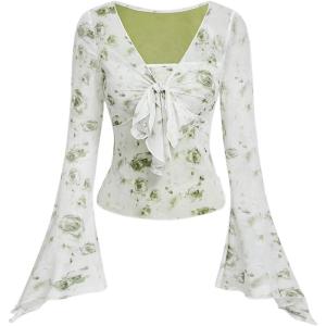 imageVerdusa Womens Bell Long Sleeve Floral Print Mesh Tie Front Lettuce Trim Tee Shirt TopGreen