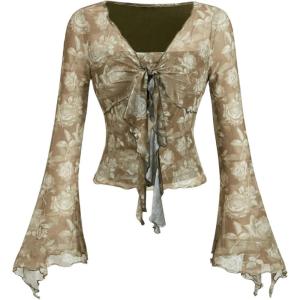 imageVerdusa Womens Bell Long Sleeve Floral Print Mesh Tie Front Lettuce Trim Tee Shirt TopOlive Green