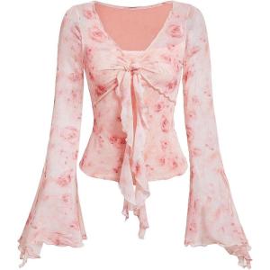 imageVerdusa Womens Bell Long Sleeve Floral Print Mesh Tie Front Lettuce Trim Tee Shirt TopPink