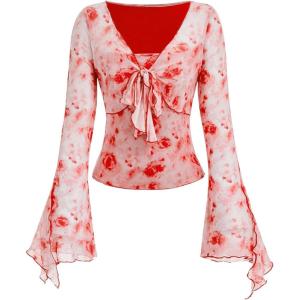 imageVerdusa Womens Bell Long Sleeve Floral Print Mesh Tie Front Lettuce Trim Tee Shirt TopRed