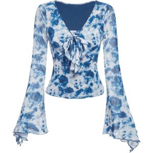 imageVerdusa Womens Bell Long Sleeve Floral Print Mesh Tie Front Lettuce Trim Tee Shirt TopRoyal Blue