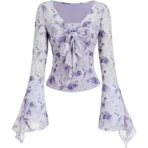 imageVerdusa Womens Bell Long Sleeve Floral Print Mesh Tie Front Lettuce Trim Tee Shirt TopViolet Purple