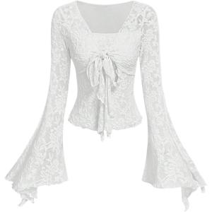 imageVerdusa Womens Bell Long Sleeve Floral Print Mesh Tie Front Lettuce Trim Tee Shirt TopWhite