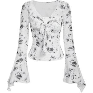 imageVerdusa Womens Bell Long Sleeve Floral Print Mesh Tie Front Lettuce Trim Tee Shirt TopWhite Black
