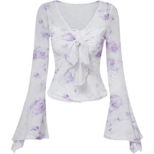 imageVerdusa Womens Bell Long Sleeve Floral Print Mesh Tie Front Lettuce Trim Tee Shirt TopWhite Purple