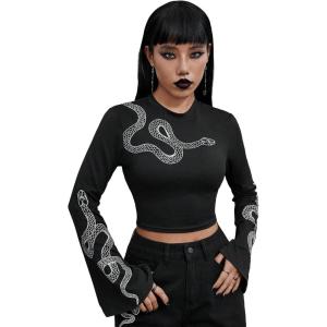 imageVerdusa Womens Bell Sleeve Snake Print Round Neck Gothic Crop Tee TopBlack