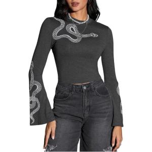 imageVerdusa Womens Bell Sleeve Snake Print Round Neck Gothic Crop Tee TopDark Grey