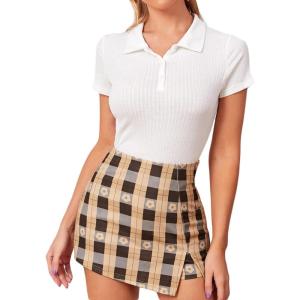 imageVerdusa Womens Button Front Polo Collar Short Sleeve Ribbed T ShirtWhite Crop