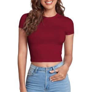 imageVerdusa Womens Casual Basic Cap Sleeve Slim Fitted Round Neck Crop Tee TopBurgundy