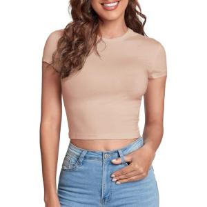 imageVerdusa Womens Casual Basic Cap Sleeve Slim Fitted Round Neck Crop Tee TopLight Khaki