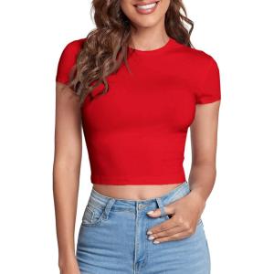 imageVerdusa Womens Casual Basic Cap Sleeve Slim Fitted Round Neck Crop Tee TopRed