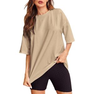 imageVerdusa Womens Casual Basic Round Neck Half Sleeve Oversized Tunic Tee ShirtKhaki