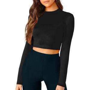 imageVerdusa Womens Casual Slim Fitted Basic Long Sleeve Solid Crop Tee TopBlack