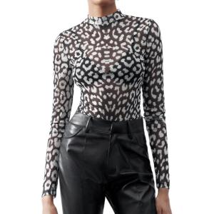 imageVerdusa Womens Cheetah Print Top Leopard Print Tops Mesh Y2k Mock Neck Long Sleeve Fitted T ShirtBlack and White