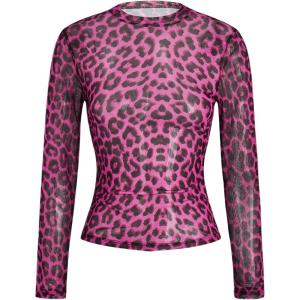 imageVerdusa Womens Cheetah Print Top Leopard Print Tops Mesh Y2k Mock Neck Long Sleeve Fitted T ShirtHot Pink