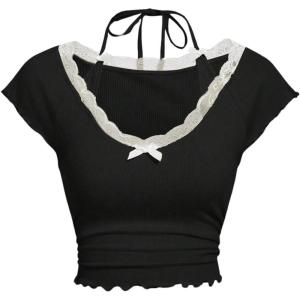imageVerdusa Womens Contrast Lace Halter Neck Lettuce Trim Casual Crop Tee TopsBlack