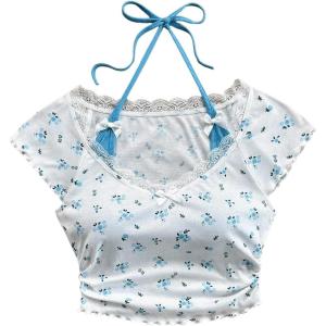 imageVerdusa Womens Contrast Lace Halter Neck Lettuce Trim Casual Crop Tee TopsBlue Flroal