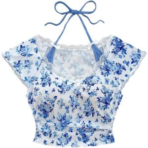 imageVerdusa Womens Contrast Lace Halter Neck Lettuce Trim Casual Crop Tee TopsBlue and White