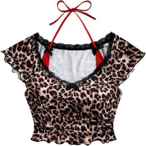 imageVerdusa Womens Contrast Lace Halter Neck Lettuce Trim Casual Crop Tee TopsBrown