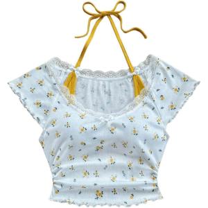 imageVerdusa Womens Contrast Lace Halter Neck Lettuce Trim Casual Crop Tee TopsMulticolor Yellow