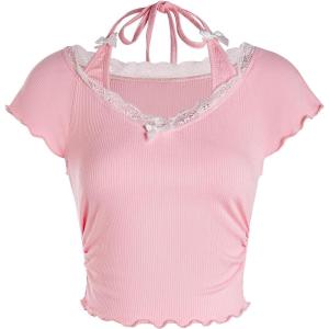 imageVerdusa Womens Contrast Lace Halter Neck Lettuce Trim Casual Crop Tee TopsPink