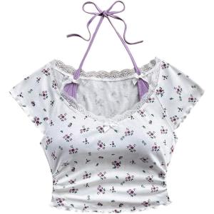 imageVerdusa Womens Contrast Lace Halter Neck Lettuce Trim Casual Crop Tee TopsPurple