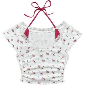 imageVerdusa Womens Contrast Lace Halter Neck Lettuce Trim Casual Crop Tee TopsRed