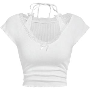 imageVerdusa Womens Contrast Lace Halter Neck Lettuce Trim Casual Crop Tee TopsWhite