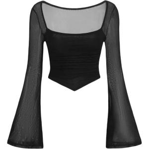 imageVerdusa Womens Contrast Mesh Ruched Square Neck Bell Sleeve Crop Tee Top T ShirtBlack