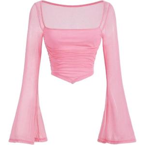 imageVerdusa Womens Contrast Mesh Ruched Square Neck Bell Sleeve Crop Tee Top T ShirtPink