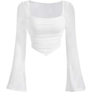 imageVerdusa Womens Contrast Mesh Ruched Square Neck Bell Sleeve Crop Tee Top T ShirtWhite