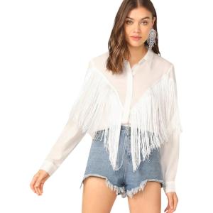 imageVerdusa Womens Fringe Trim Long Sleeve Button Up Blouse Shirt Top01 Whiteimproved