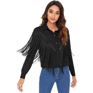 imageVerdusa Womens Fringe Trim Long Sleeve Button Up Blouse Shirt TopBlackimproved