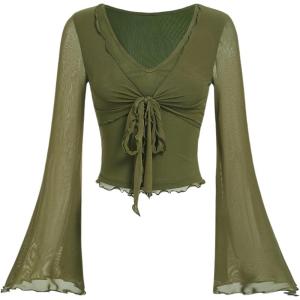 imageVerdusa Womens Knot Front Flare Bell Long Sleeve Lettuce Trim V Neck Mesh Crop Tee TopArmy Green
