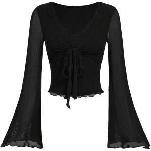 imageVerdusa Womens Knot Front Flare Bell Long Sleeve Lettuce Trim V Neck Mesh Crop Tee TopBlack
