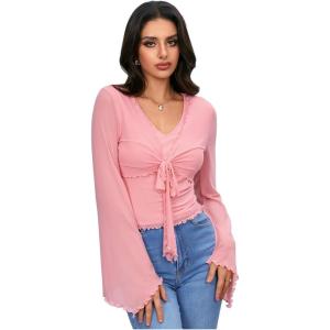 imageVerdusa Womens Knot Front Flare Bell Long Sleeve Lettuce Trim V Neck Mesh Crop Tee TopLight Pink