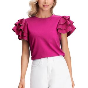imageVerdusa Womens Layered Ruffle Butterfly Sleeve Round Neck Blouse Tee TopHot Pink