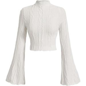 imageVerdusa Womens Lettuce Trim Bell Sleeve Mock Neck Textured Crop T Shirt Tee TopBeige