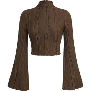 imageVerdusa Womens Lettuce Trim Bell Sleeve Mock Neck Textured Crop T Shirt Tee TopBrown