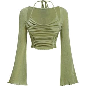 imageVerdusa Womens Long Sleeve Ruched Bust Off Shoulder Tie Back Flounce Sleeve Lettuce Trim Crop Top TeeLime Green