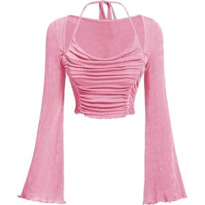 imageVerdusa Womens Long Sleeve Ruched Bust Off Shoulder Tie Back Flounce Sleeve Lettuce Trim Crop Top TeePink