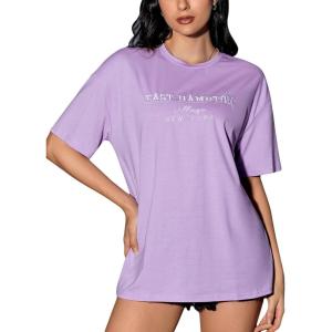 imageVerdusa Womens Oversized Letter Graphic Tees Embroidery Short Sleeve Shirts TopsLilac Purple