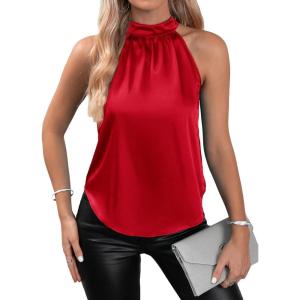 imageVerdusa Womens Satin Tops Sleeveless Halter Neck Work Office BlouseRed